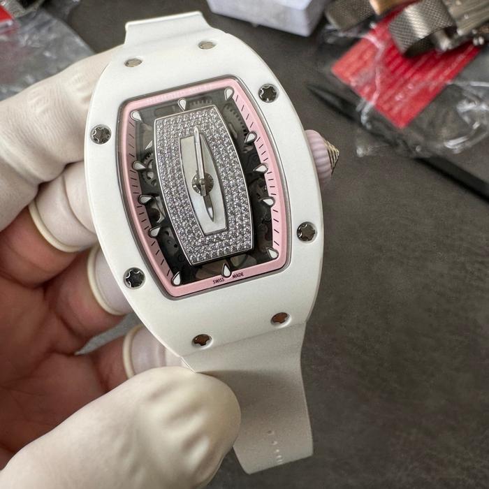 Jam Wanita RM07 01 Skeleton Pink Ceramic Diamond | Automatic Rubber Sporty