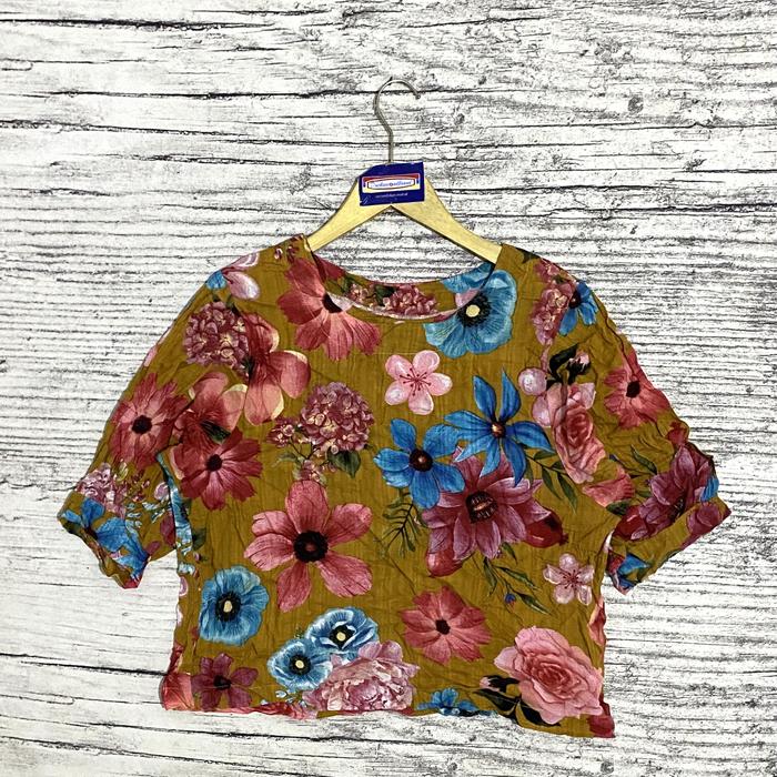 Blouse blus baju atasan wanita cewek perempuan semi crop croop motif bunga mustard fashion second be