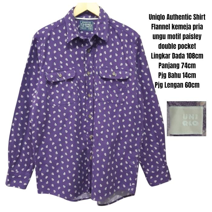 Uniqlo Authentic Shirt Flannel kemeja pria ungu motif paisley double pocket