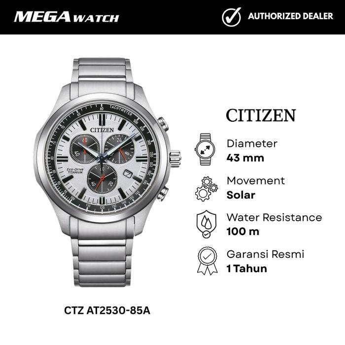 Jam Tangan CITIZEN Eco-Drive Pria CTZ AT2530-85A Chronograph White Dial Titanium Strap