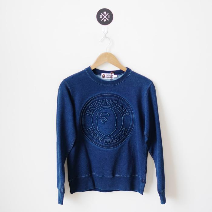 A Bathing Ape BAPE Indigo Busy Works Crewneck 100% ORIGINAL