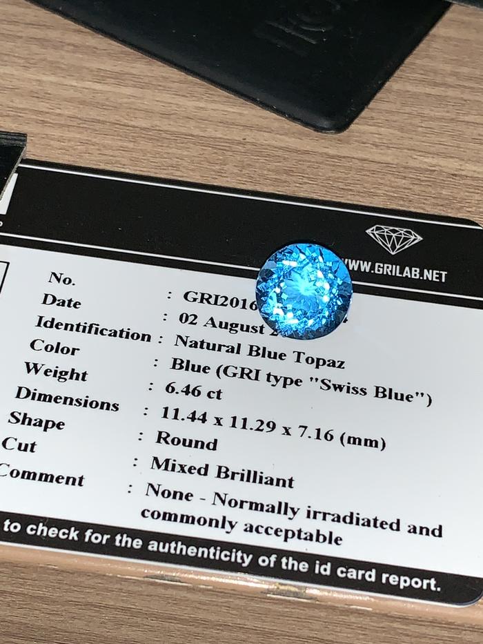 Natural perfect cut swiss blue topaz 6.4ct gri id