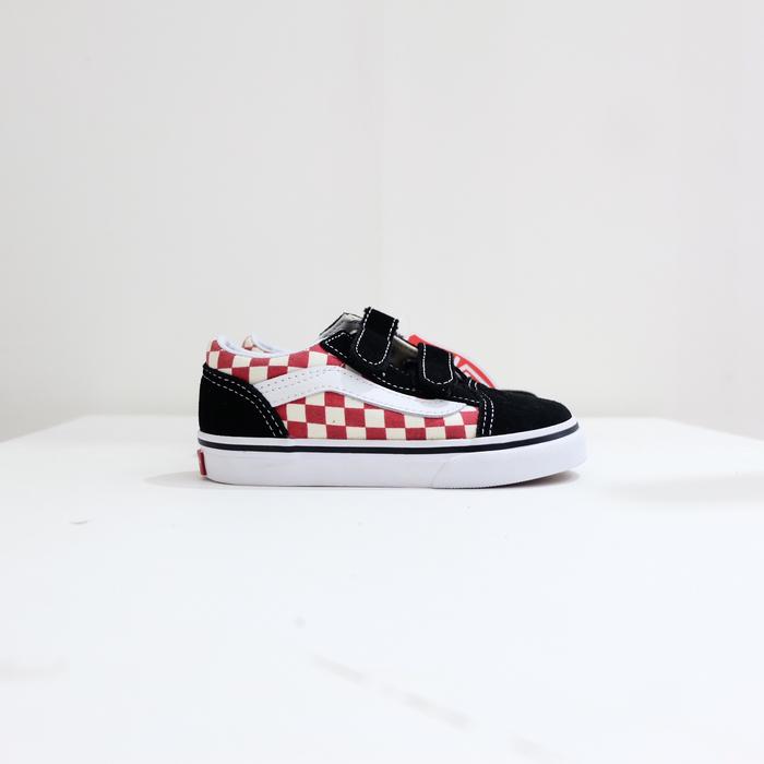 Vans Old Skool Velcro Checkboard Red Toddler Original Resmi Store