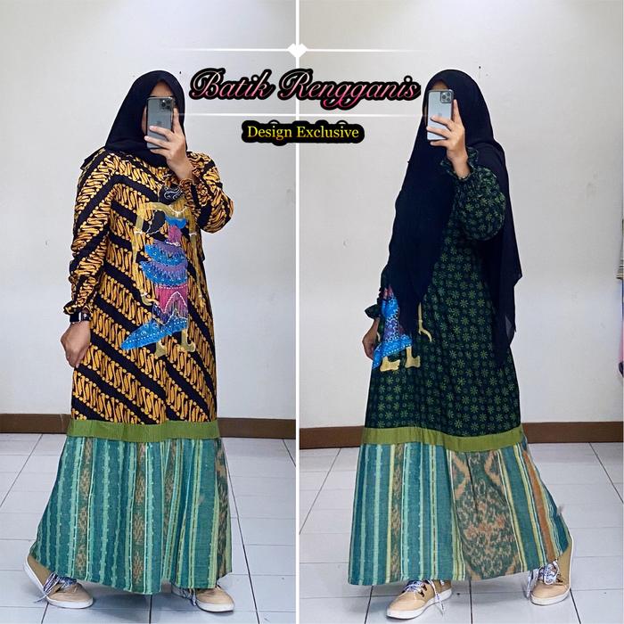 Baju Gamis Batik Lukis Wayang Kombinasi Kain Tenun Troso dan Lurik