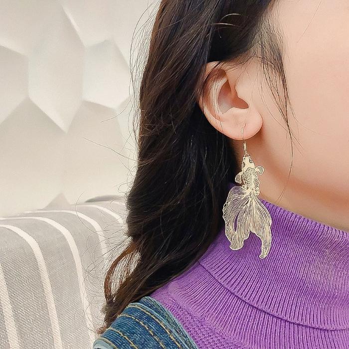 Golden Tone Koi Goldfish Animal Drop Dangle Statement Earrings