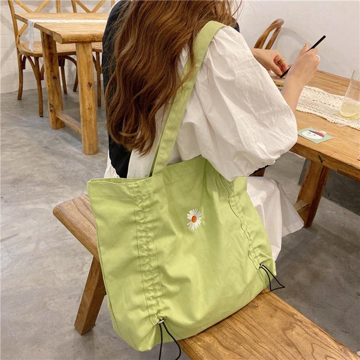 Tas Bahu Tote Kanvas Motif Bordir Bunga Daisy Kecil Kapasitas Besar