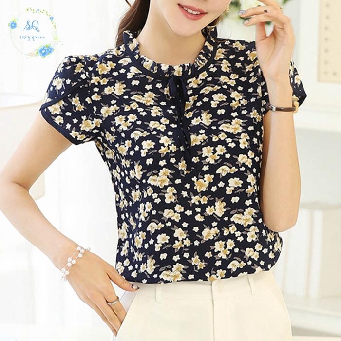 Blus Wanita Lengan Pendek Model Longgar Bahan Sifon Motif Print