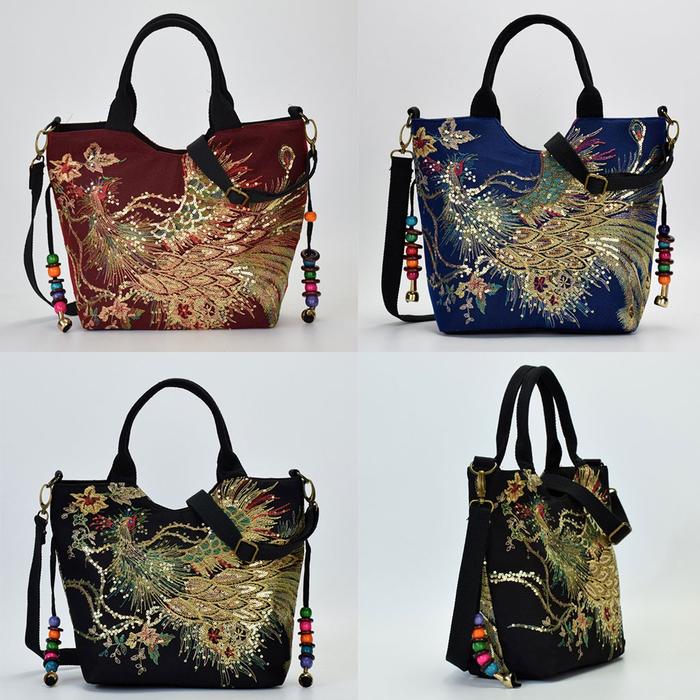 Tas Handbag / Bahu Tote Motif Bordir Burung Merak Etnik untuk Wanita