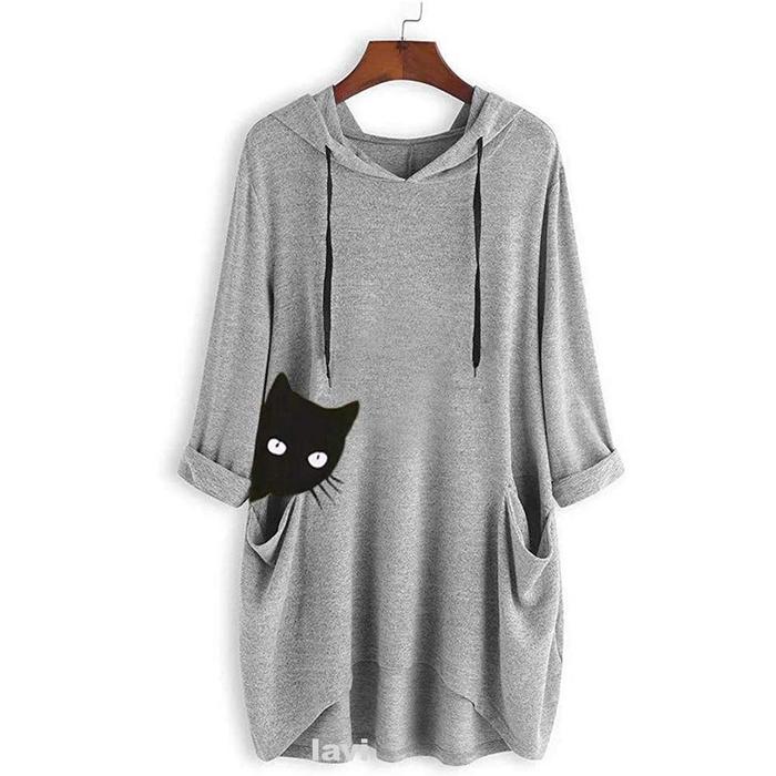 3/4 Sleeve Cat Ears With Pockets Fashion Loose Casual Women Hoodie