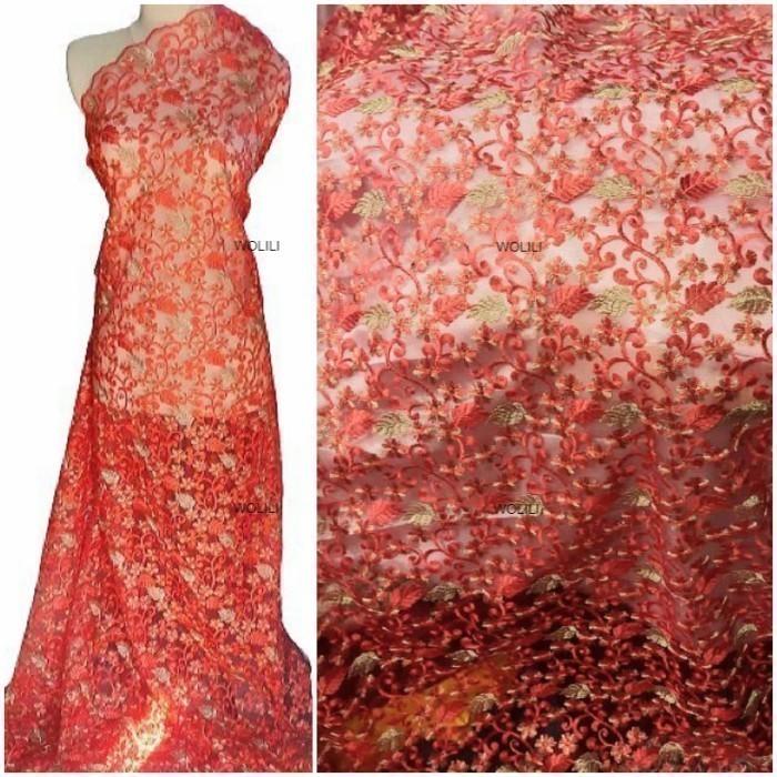 Kain Tile Tulle Dua warna Brukat Kebaya Brokat Merah Emas 150cm -50cm
