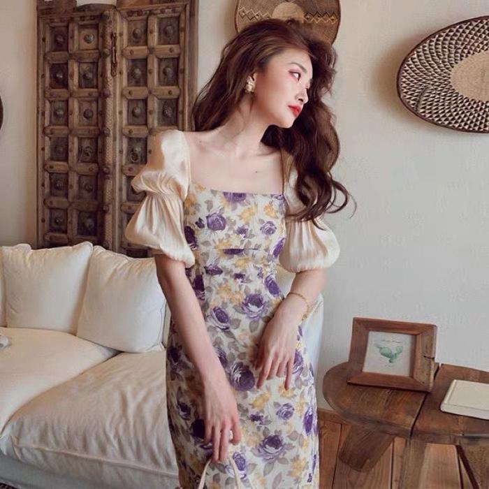 Midi Dress / Sabrina Violet Flower Vintage Fashion Korean Import DS820