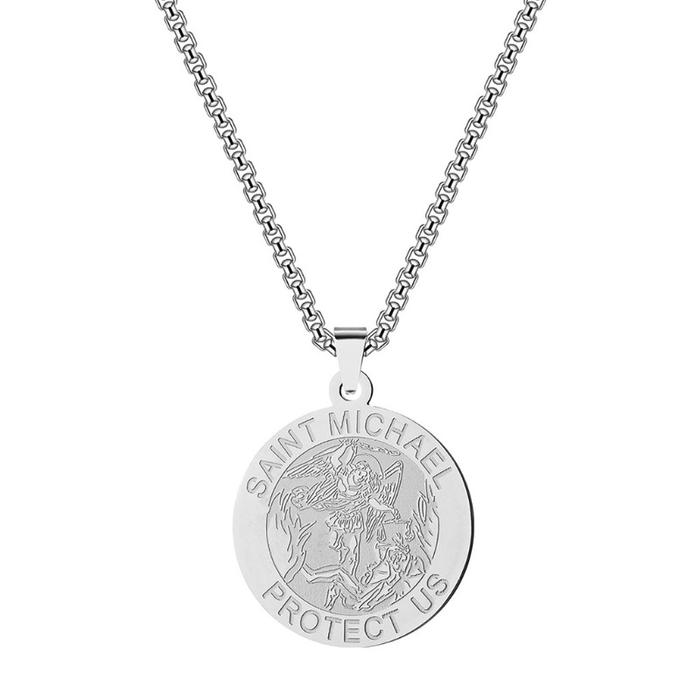 Dark Stainless Steel Saint Michael Medal Necklace Round Michael