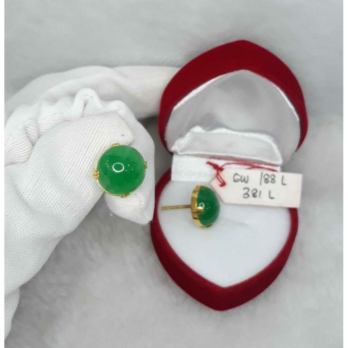 SS GW188L381L giwang anting permata hijau giok jade emas kuning asli