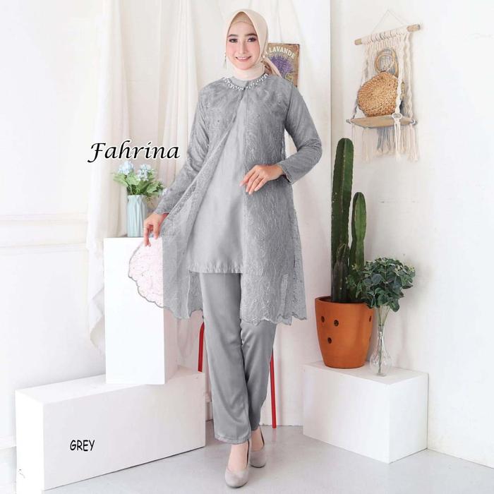 FH FAHRINA SETELAN BAJU MUSLIMAH PESTA TULLE BORDIR MUTIARA CELANA