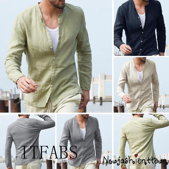 Kemeja Pria Lengan Panjang Casual Longgar Bahan Linen untuk Musim