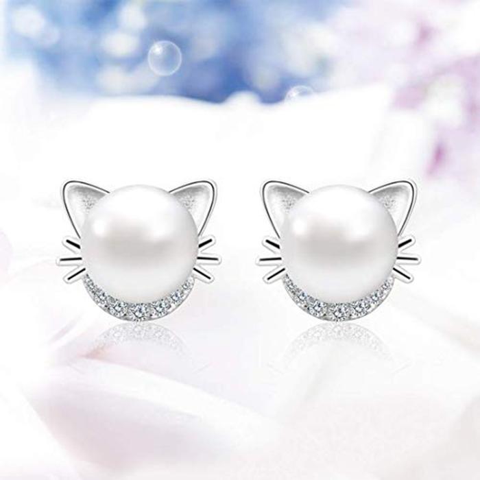 Anting Tusuk Gantung Desain Kucing Hias Kristal / Berlian Imitasi