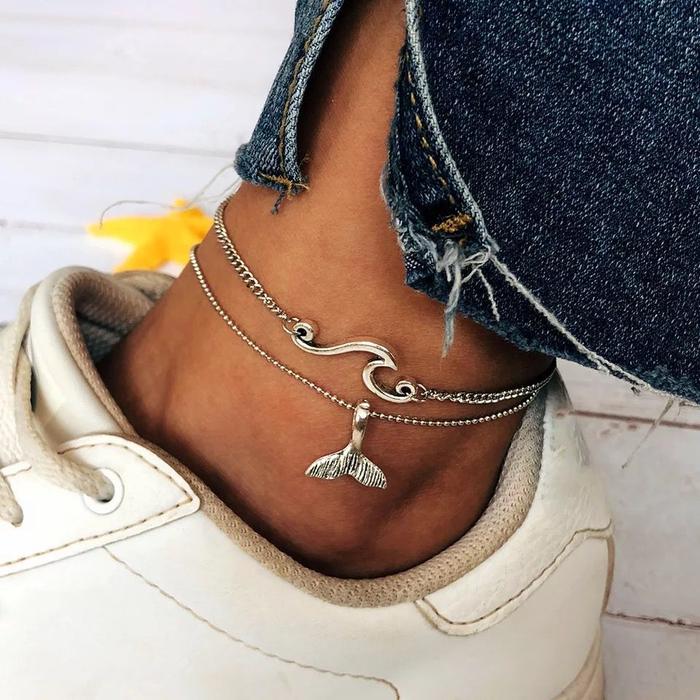 Bohemian Double-layer Silver Anklets Wavy Mermaid Tail