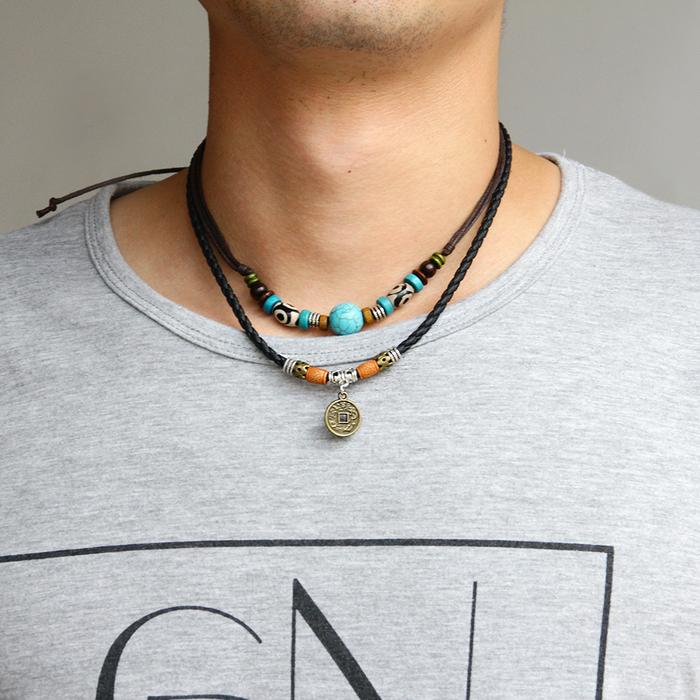 Vintage Beaded Pendant Necklace Wax Rope Irregular Copper