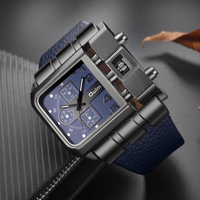 OULM Empat Segi Jam Tangan Pria Tali Kulit 3364 Mewah Men Watch
