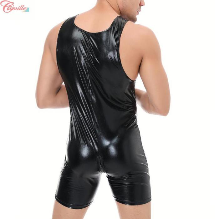Bodysuit Leotard Pria U-Neck Tanpa Lengan Wetlook Dengan Resleting