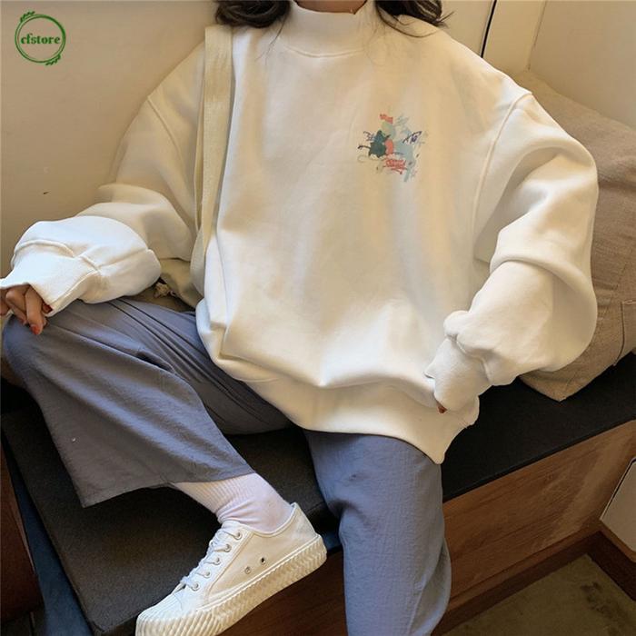Cf Sweater Kaos Hoodie Longgar Casual Turtleneck Lengan Panjang