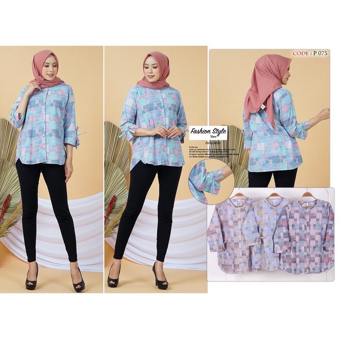 KAHFI P75 Blouse Atasan Motif Kotak Abstrak Bahan Katun Cembre BWI 188