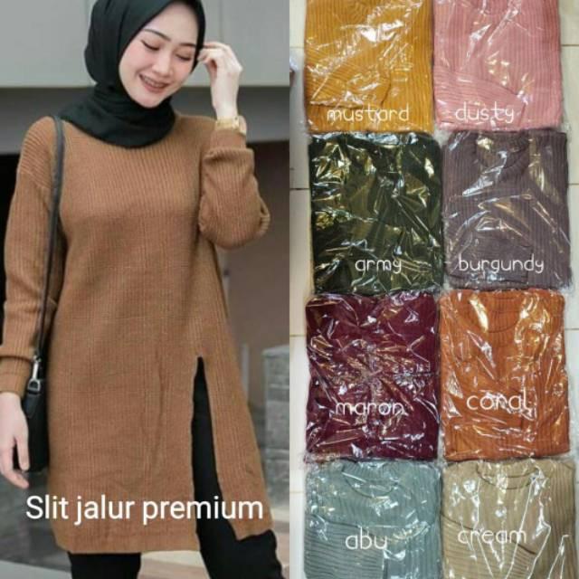 KAHFI HR Sweater Tunik Slit Rajut Belah Pinggir Samping