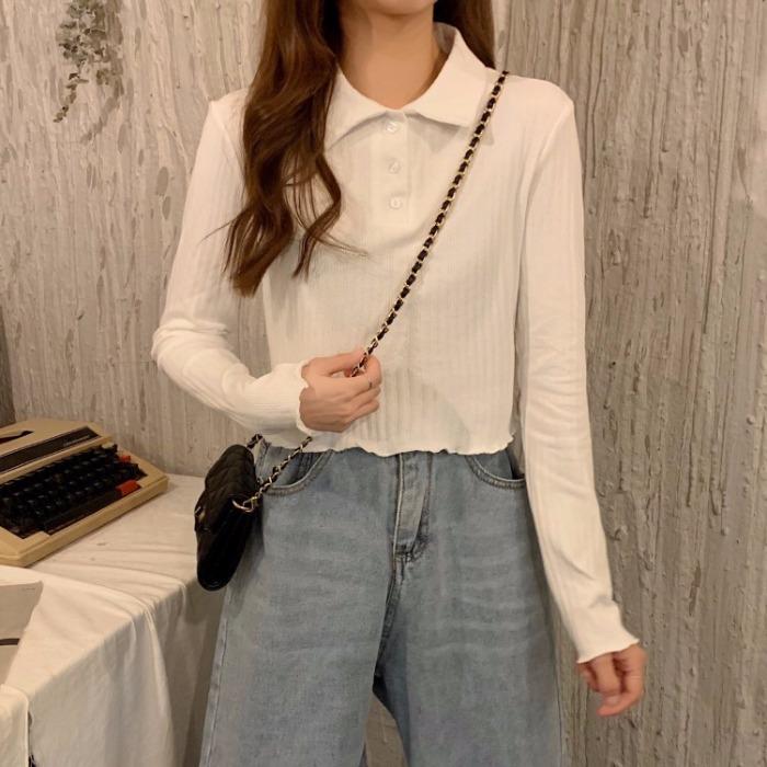 Xiaozhainv♬ GFRIEND Pakaian Wanita Korea Pendek Polo Rajutan Kaos