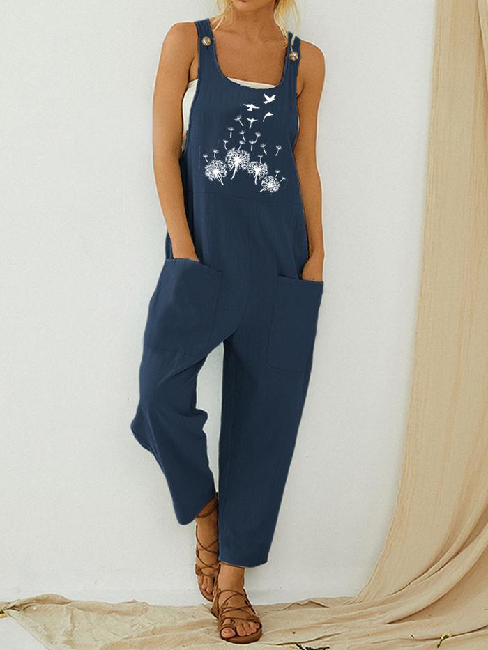 ANG Casual Flower Birds Print Sleeveless Jumpsuit Pocket