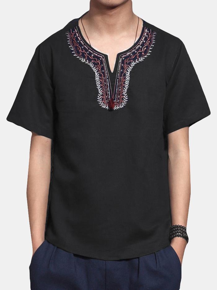 ANG INCERUN Men Cotton Vintage Short Sleeve Casual Embroidery