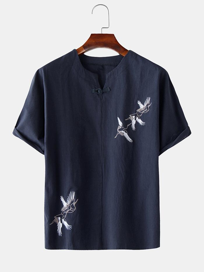 ANG Mens Chinese Linen Red-Crowned Crane Embroidery Short