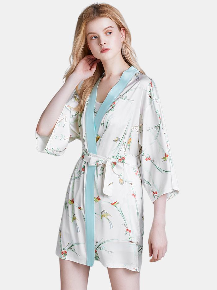 ANG Flora Printed Sling Three-Piece Short Pajama Set With Robe