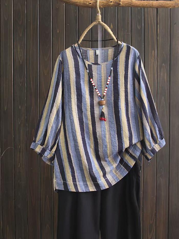 AN Plus Size Women Vintage Puff Sleeve Stripe