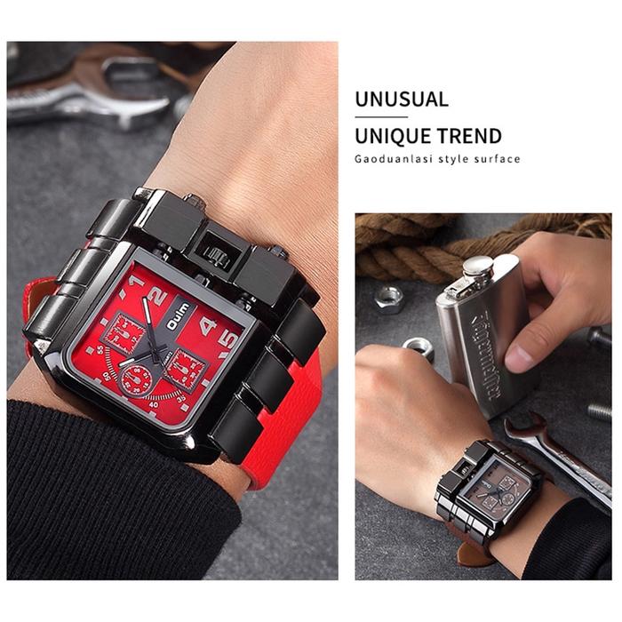 OULM Empat Segi Jam Tangan Pria Tali Kulit 3364 Mewah Men Watch