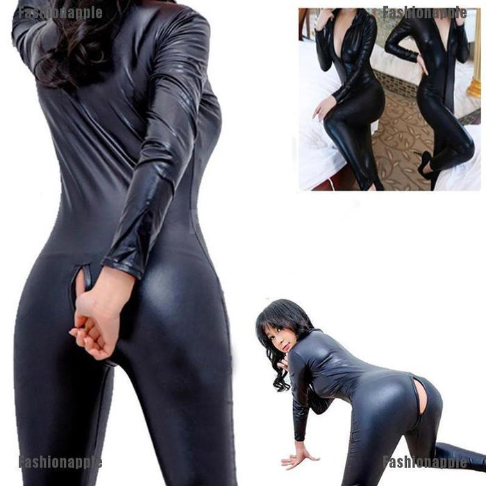 Womens Latex Wet Look Jumpsuit Leather Catsuit Close-fitting