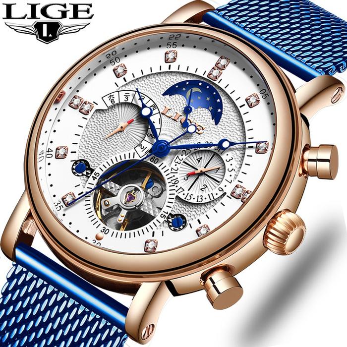 LIGE Jam Tangan Pria Fashion Tourbillon Jam Tangan Mekanik Stainless