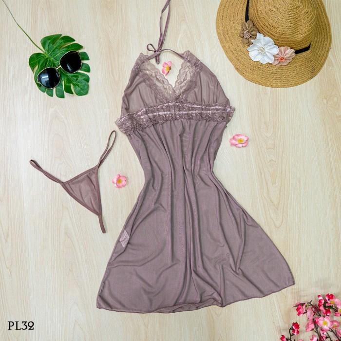 Night Gown Mini Dress Model Tali Leher Semi Transparan Nude PL32