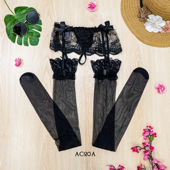 Garter Belt Stocking One Set Lingerie Seksi Hitam AC20A