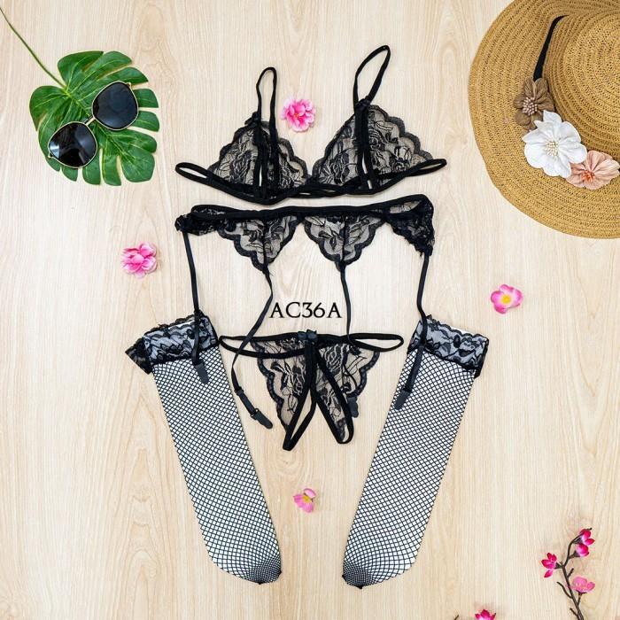 Lingerie Seksi Wanita Set Daleman Stocking Garter Lace Hitam AC36A