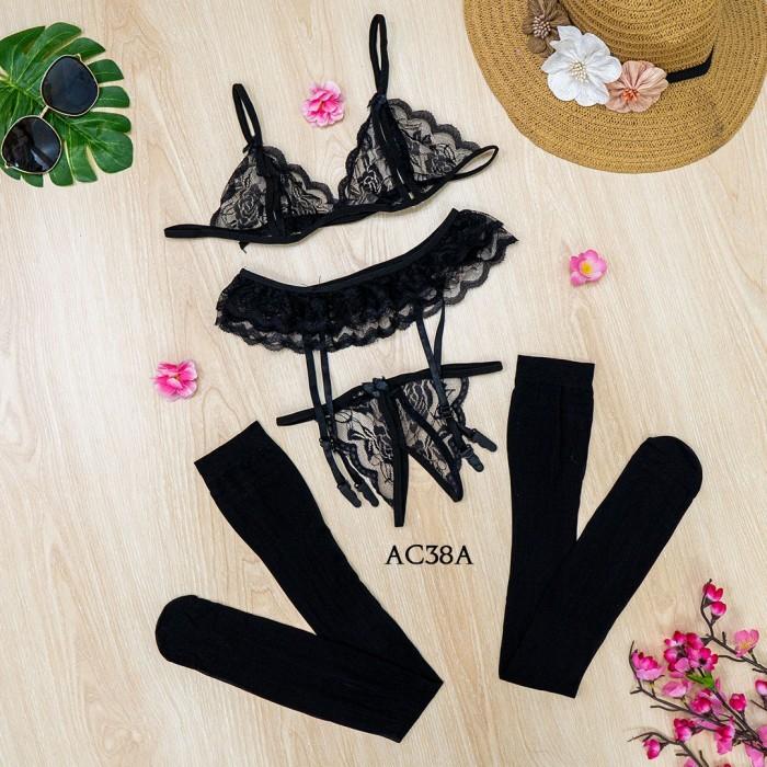 SET BH CD SEKSI WANITA + GARTER BELT STOCKING SEXY HITAM AC38A