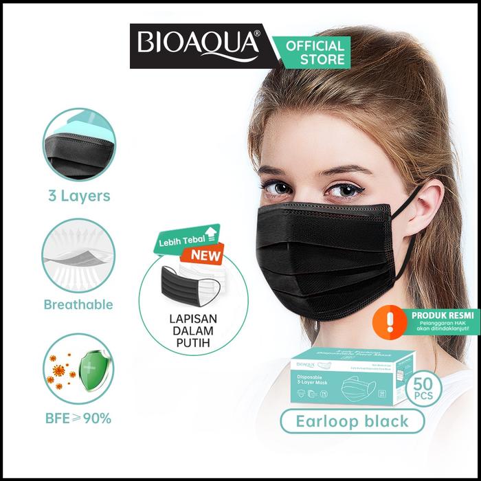 BIOAQUA - Disposable Masker Face Mask 50Pcs Masker Hitam Medis