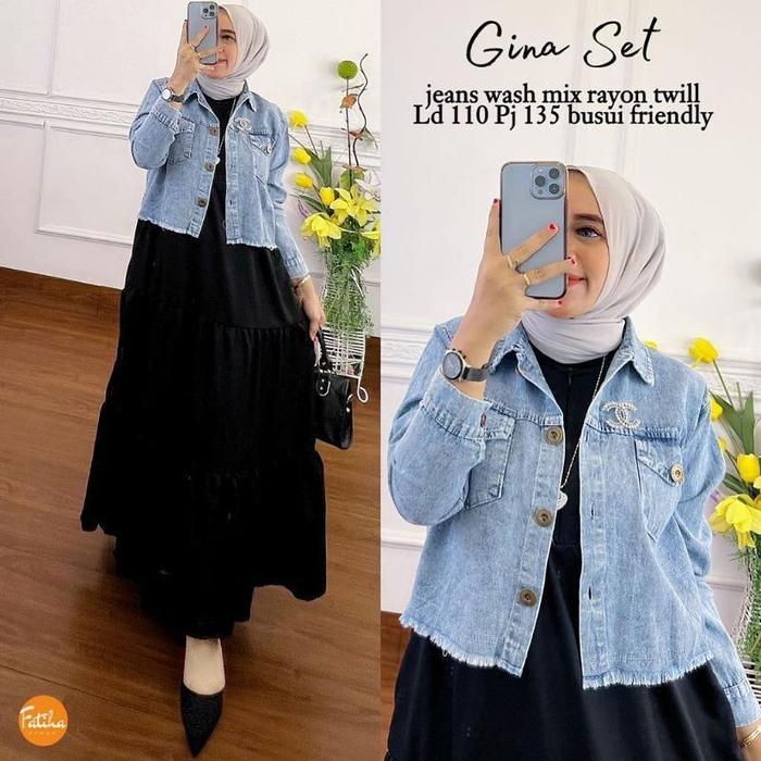 QN456 Gina Set Baju Gamis Set WanitaKekinian Inner DressDan Jaket Jean