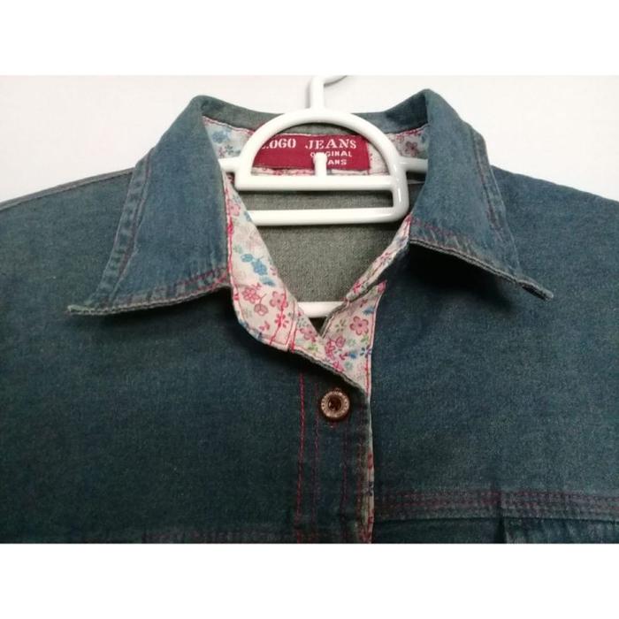 Logo Jeans Kemeja Wanita Lengan 3 4 Biru Polos Preloved Bagus Murah