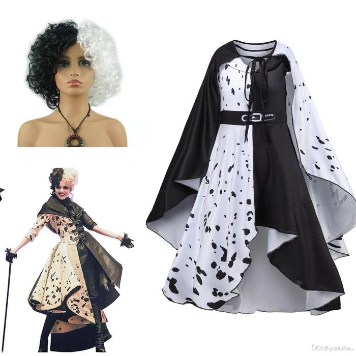 2021 Cruella Costume Cosplay Evil Queen Black White Coat