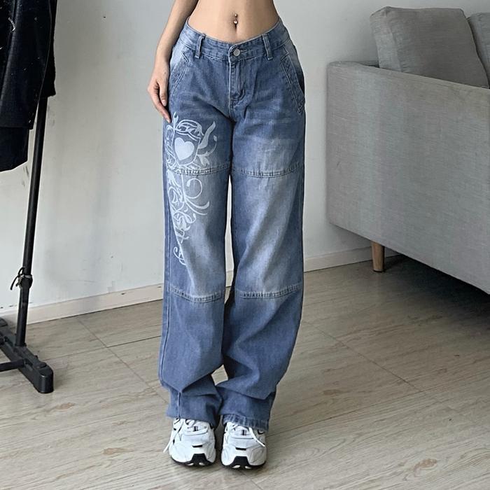 Harajuku Printed Cargo Jeans Y2K Dark Blue Brown High Waist