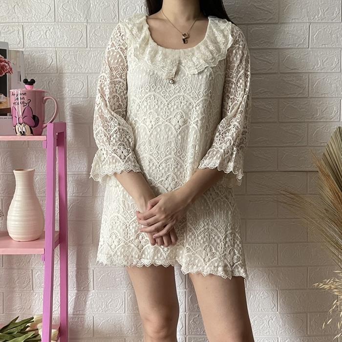 Vintage Longsleeeve Mini Dress Lace Brukat White Dress Preloved Thrift