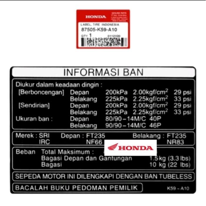 AE708 Label Tire Sticker Informasi Tekanan Angin Ban Vario 125 150 Led