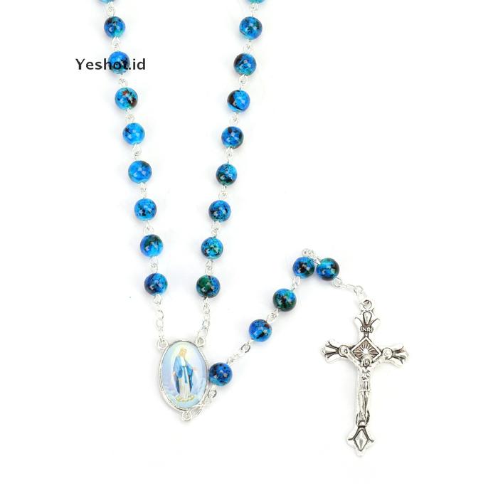 FU536 Kalung Rosario Katolik Manik-ManikBulat Kecil Warna Biru