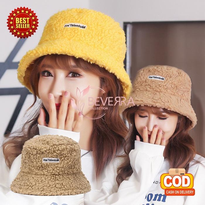 Bucket Hat Pria Wanita Korea Motif HaiTalentoM Bahan Kain Wol Bulu