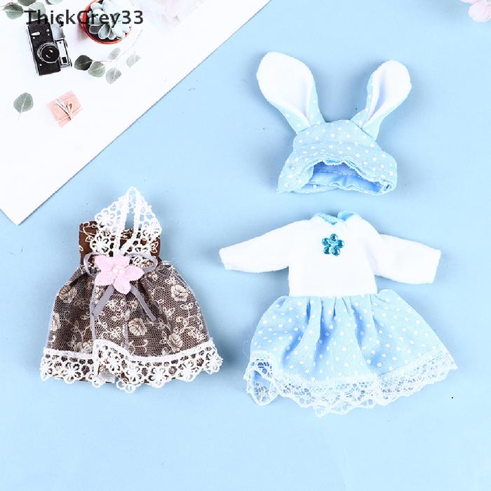 Set Pakaian Boneka Bjd 16cm Dress Mini Lengan Panjang + Topi